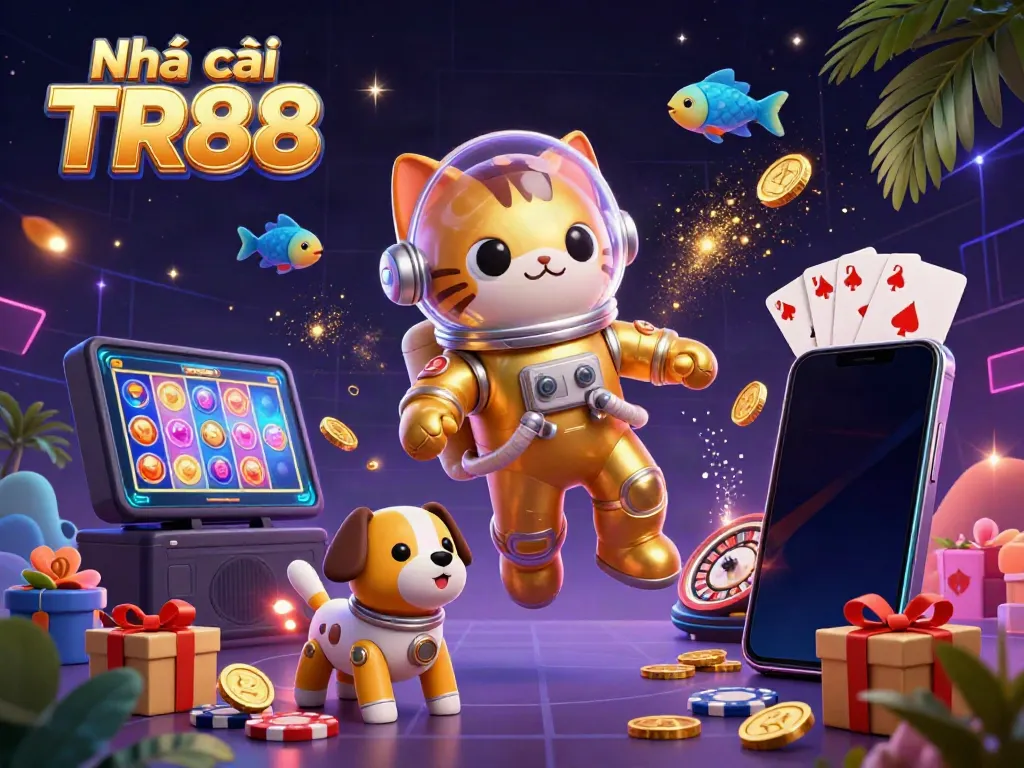 Play exciting games at Nhà cái TR88 with a colorful 3D illustrated scene of a space cat, robot dog, and alien fish, showcasing gaming elements.