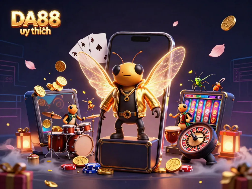 Get ready to win big with DA88 uy tín in this vibrant casino-inspired scene featuring a cicada rock star.