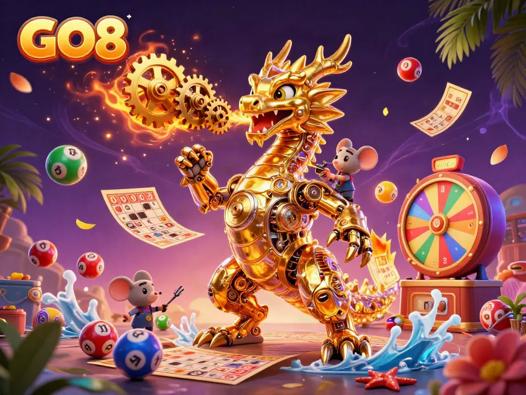GO8's vibrant online casino scene features a golden dragon amidst lottery balls and prize elements.