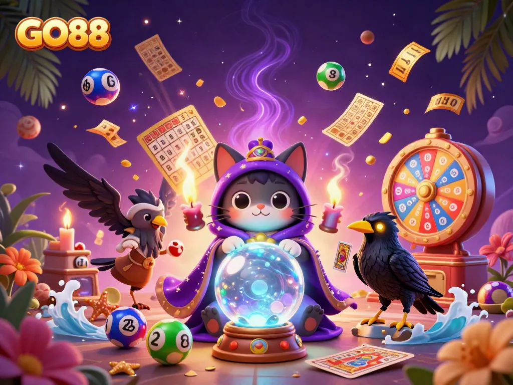 Engage with GO88 as vibrant lottery balls, a fortune teller cat, and a tarot raven create a lively casino scene.