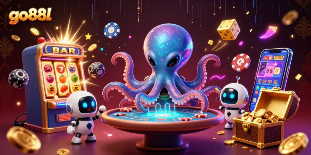 Experience thrilling gameplay at go88l with a vibrant alien octopus managing an exciting poker game amidst dazzling casino elements.