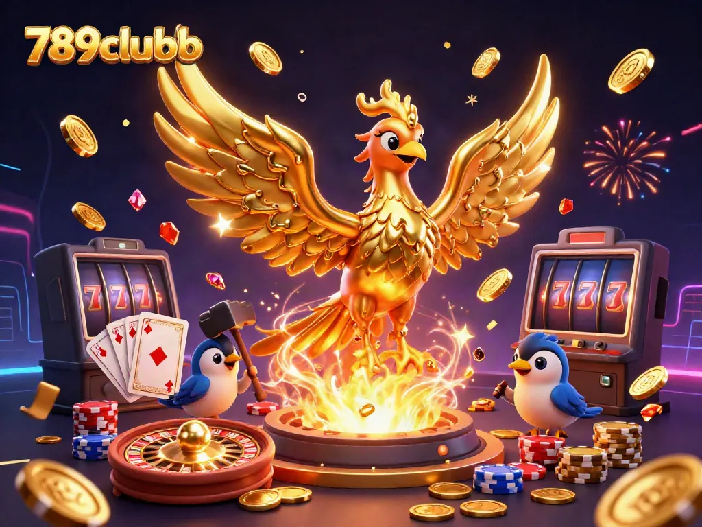 Experience the excitement of 789clubb with a golden phoenix symbolizing fortune amidst gaming elements.
