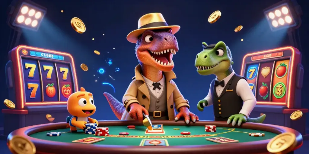 Experience the thrill at C168's blackjack table with our clever velociraptor card counter among dynamic slot game elements.