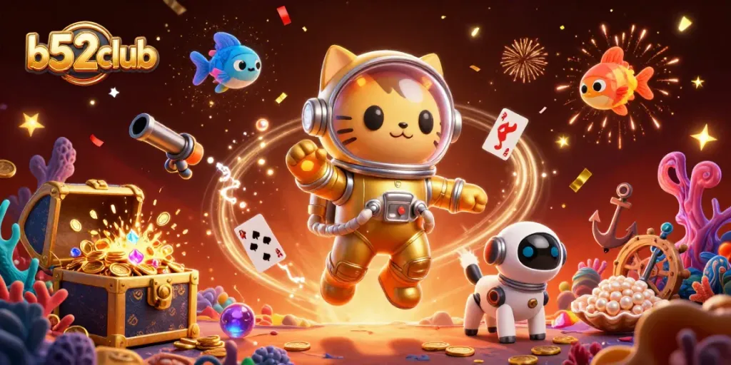 Experience thrilling wins at b52club with a vibrant 3D scene full of casino elements.