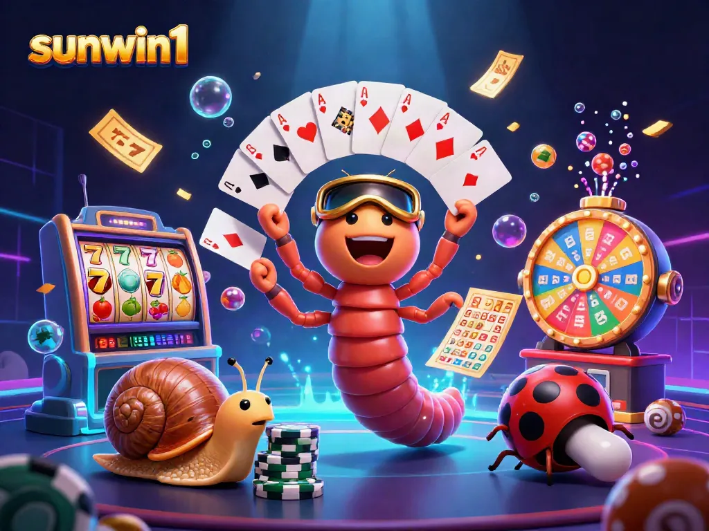 Exciting slots action at sunwin1 with animated millipede dealer and vibrant game elements.