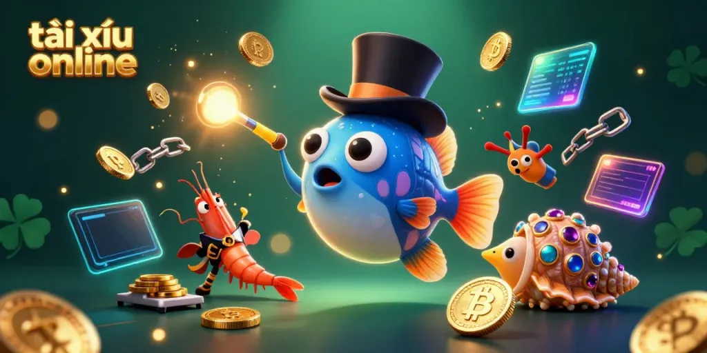 Experience the thrill of tài xỉu online with a whimsical underwater scene featuring cartoon characters and glowing coins.