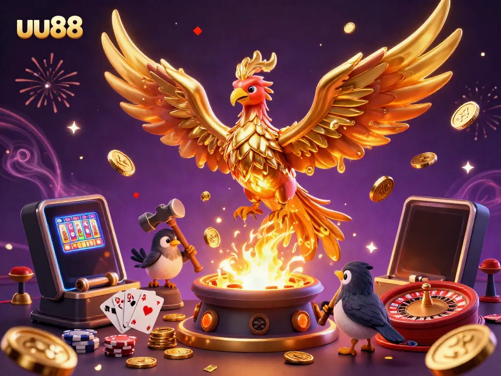 Experience the magic of uu88 with a golden phoenix and casino elements in a vibrant 3D illustration.