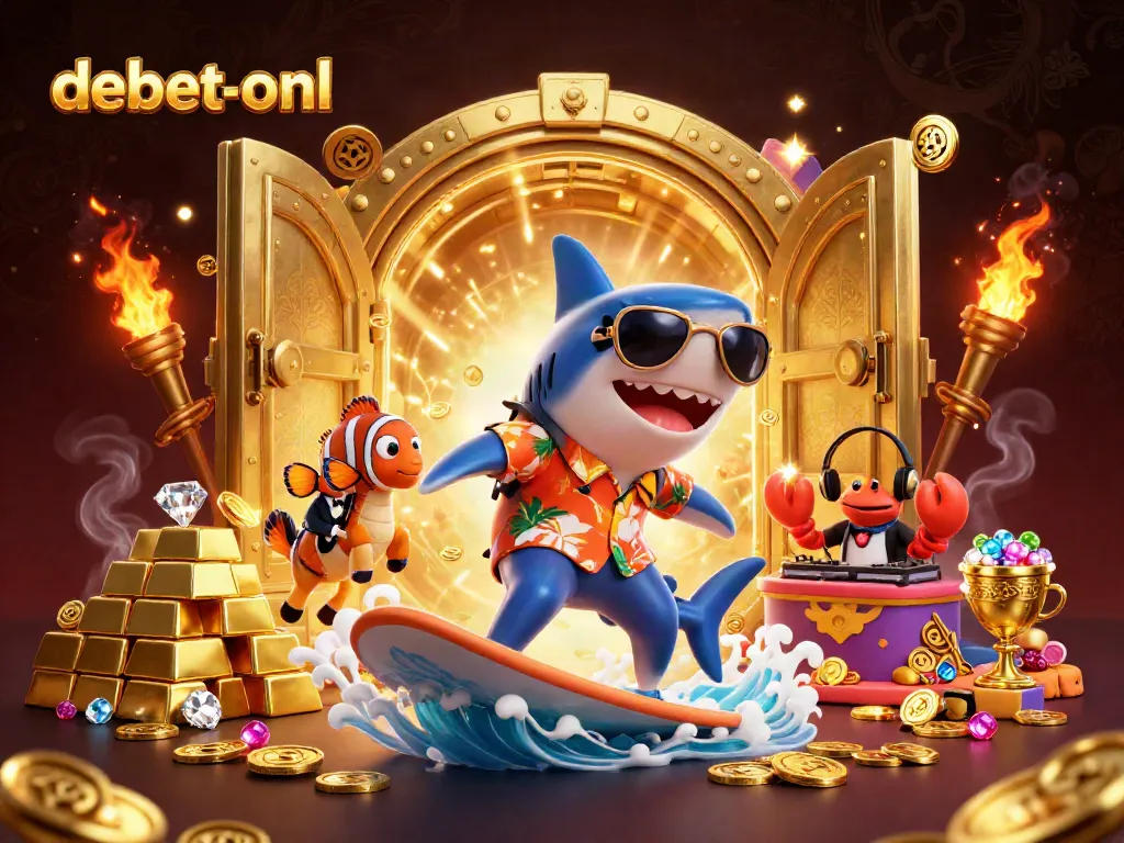 Engage with the thrilling debet-onl casino experience illustrated with dynamic characters and sparkling treasures.