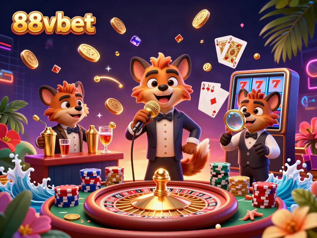 Experience the excitement of 88vbet with vibrant cartoon hyenas in a busy casino scene.
