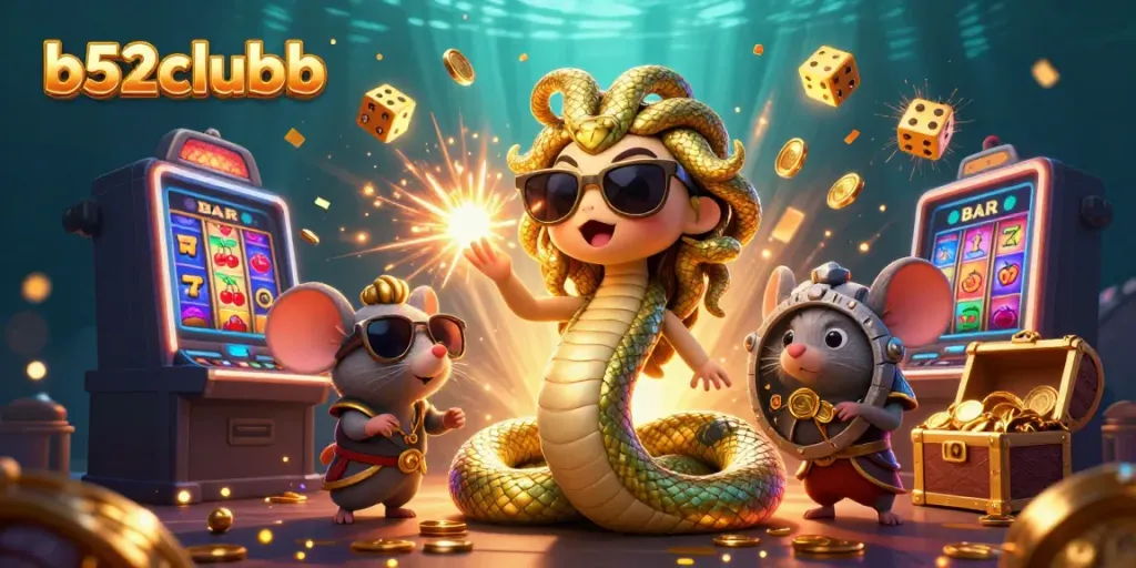 Experience thrilling jackpots at b52clubb with an exciting 3D casino scene featuring Medusa, a warrior mouse, and dynamic game elements.