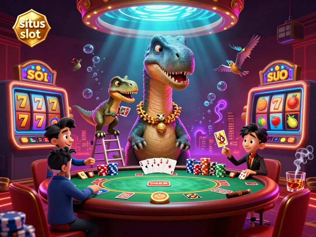 Menyaksikan permainan situs slot dengan brontosaurus yang menjulang tinggi dan raptor cerdas sebagai dealer.