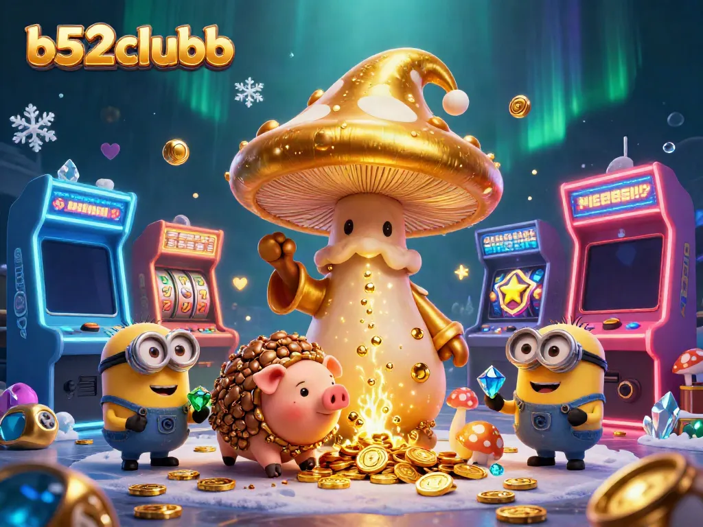 Experience thrilling wins at b52clubb with vibrant casino-themed 3D illustrations showcasing colorful game elements and characters.