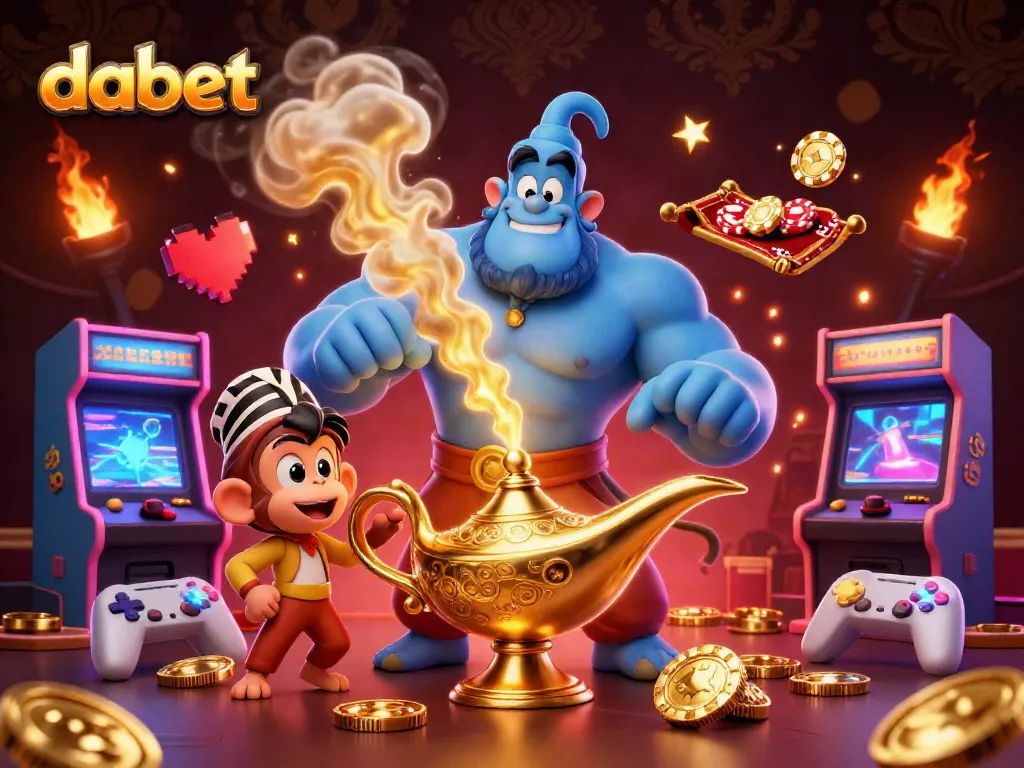 Engage with dabet's exciting gambling scene featuring a vibrant 3D genie and casino elements.