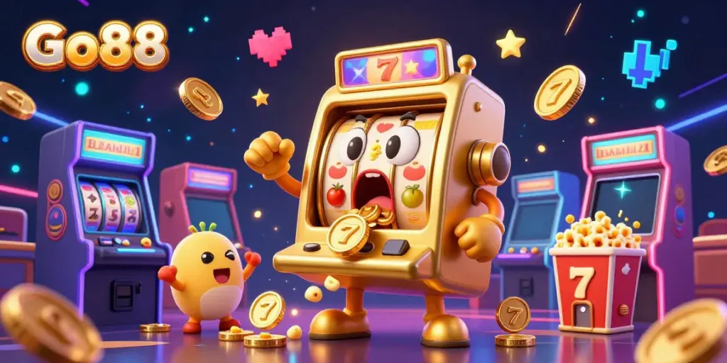 Experience the excitement of Go88 as the golden slot machine hits a jackpot amidst a cheering crowd.