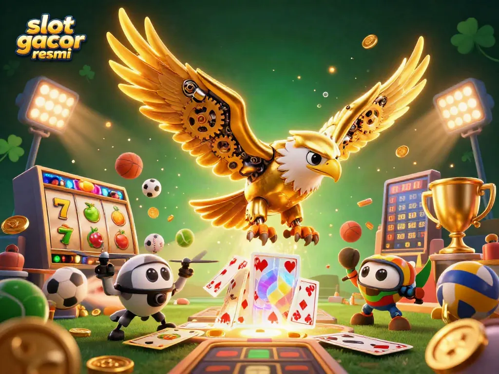 Experience the thrill of slot gacor resmi with golden eagle and dynamic gameplay elements in a vibrant illustration.