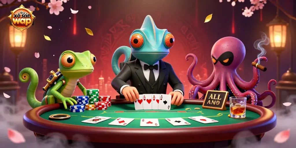 Engage with dự đoán xổ số wap in this vibrant casino scene featuring unique characters and rich gambling elements.
