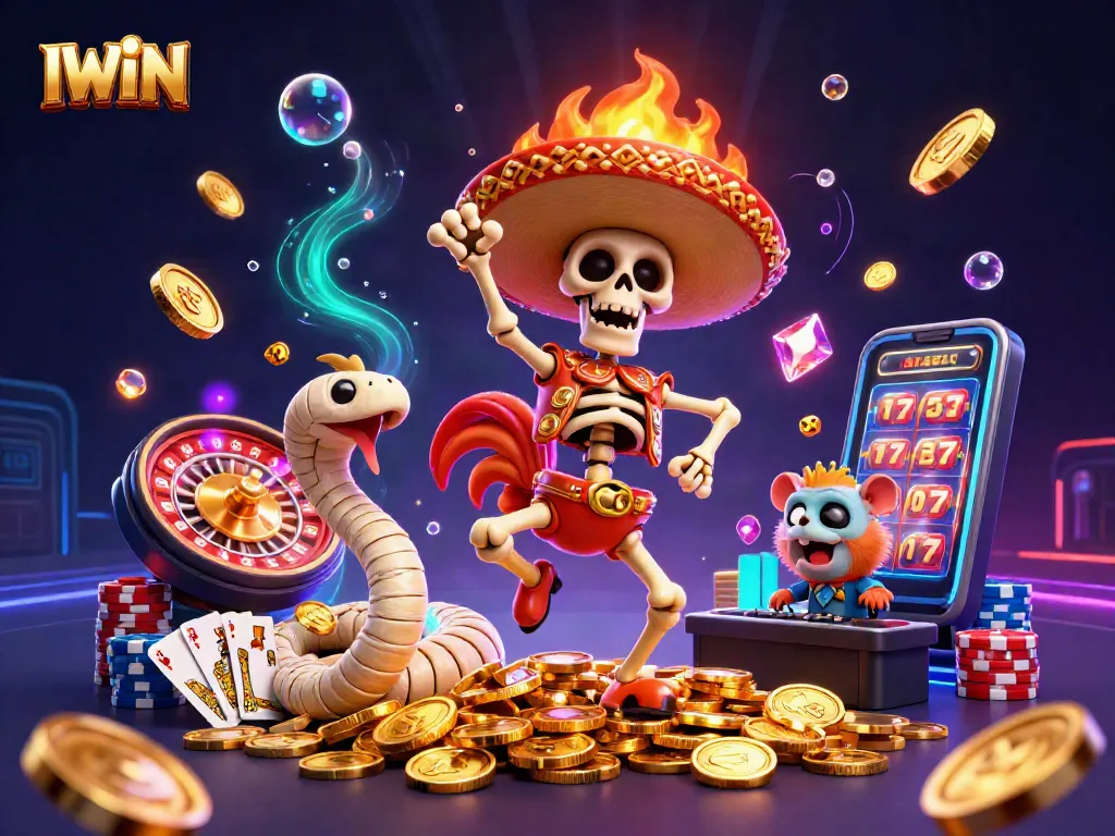 IWIN's vibrant casino scene showcasing a skeleton mariachi, mummy snake, and DJ hamster celebrating wins among golden coins and roulette
