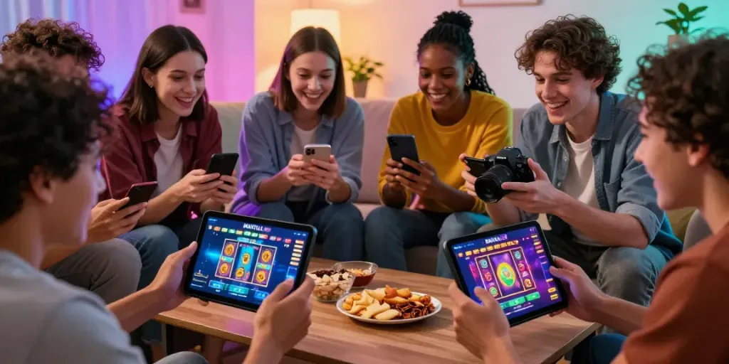 Diverse friends enjoying MANTUL88 gaming on mobile in a lively atmosphere.