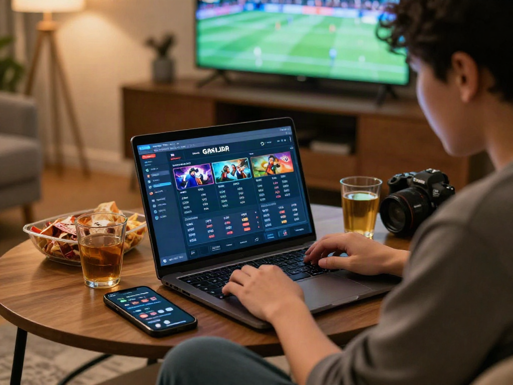 Engaged user exploring 먹튀스팟 while analyzing betting statistics in a cozy home setting.