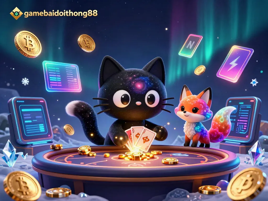 Engage with gamebaidoithuong88 while enjoying a vibrant digital casino scene with cosmic characters.