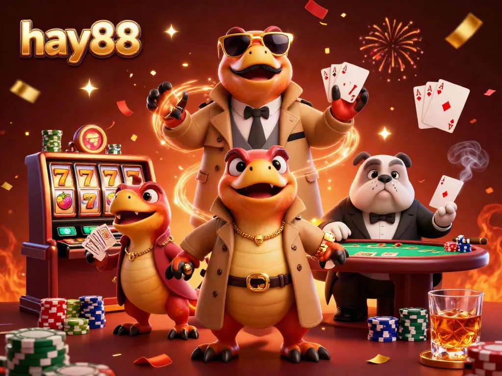 Experience excitement at hay88 with raptors in a trench coat trying to access a VIP casino lounge.