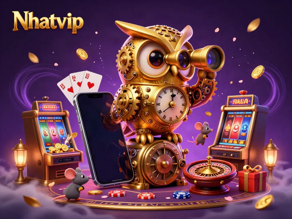 Nhatvip unveils a magical casino scene with a golden owl and vibrant gaming elements.