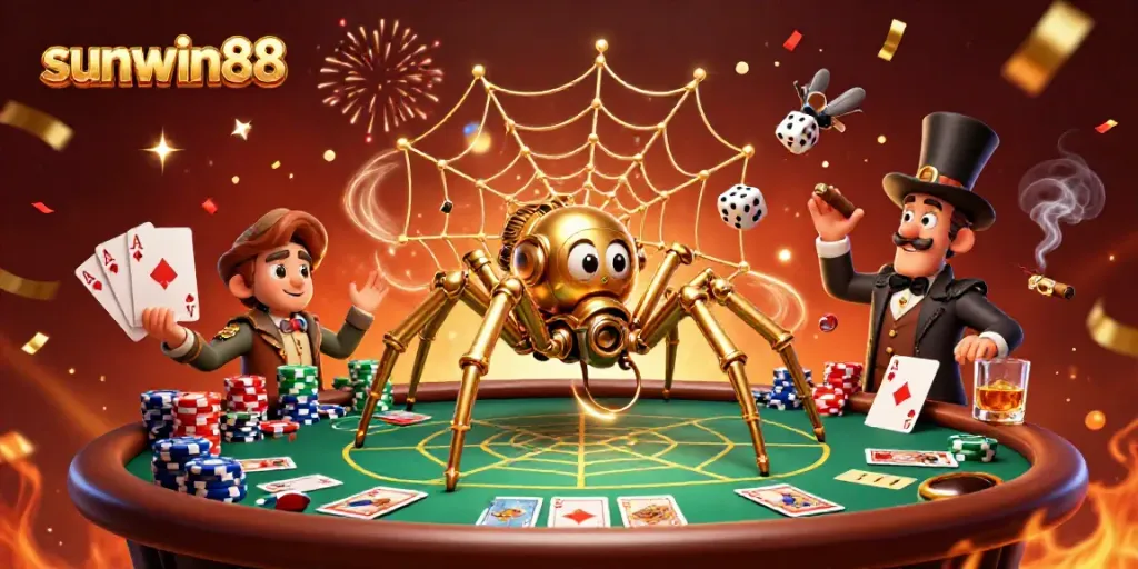 Experience the thrill of sunwin88 with a steampunk spider catching dice and poker chips in a vibrant casino setting.