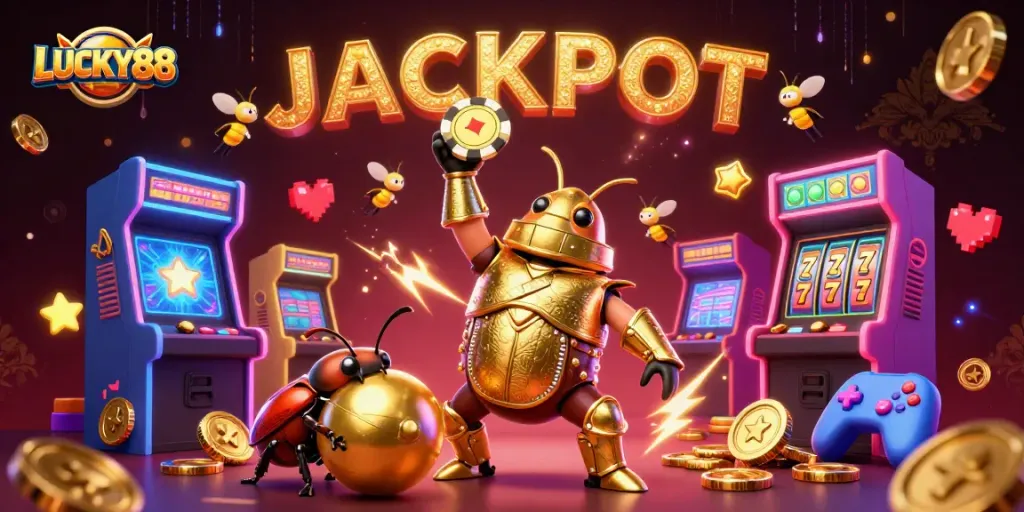 Win big with LUCKY88: A celebration of casino gaming in a vibrant, animated scene.