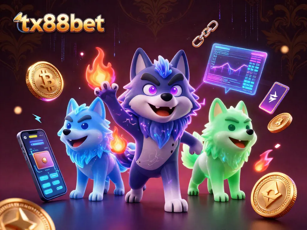 Engage with tx88bet's vibrant gambling scene featuring glowing cryptocurrency elements and immersive casino experiences.