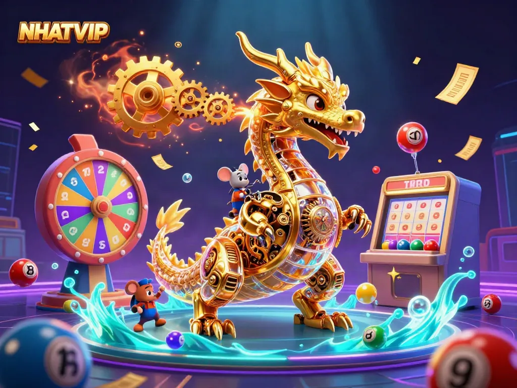 Win big with NHATVIP in this vibrant 3D illustration showcasing colorful lottery elements and a golden dragon.