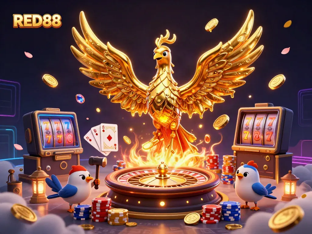 Experience thrilling gameplay with RED88 as the molten phoenix brings fortune in this dynamic casino scene.