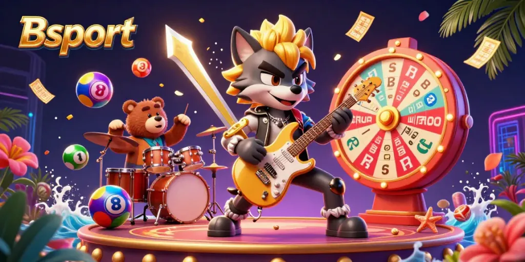 Experience the excitement of Bsport with a vibrant 3D scene including a rock star wolf and dynamic lottery elements.