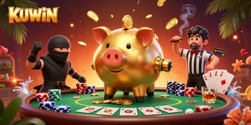 Kuwin players enjoy thrilling action at a dynamic poker table surrounded by colorful chips and game elements.