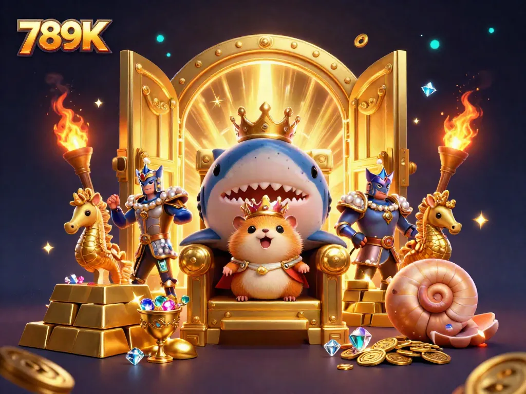 Engage with 789K's vibrant casino atmosphere featuring a unique golden hamster king amidst treasures.