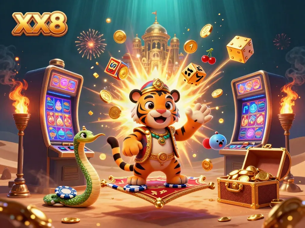 Experience the excitement of XX8 with a dynamic scene of a tiger sultan and slot machine bursting with jackpots.