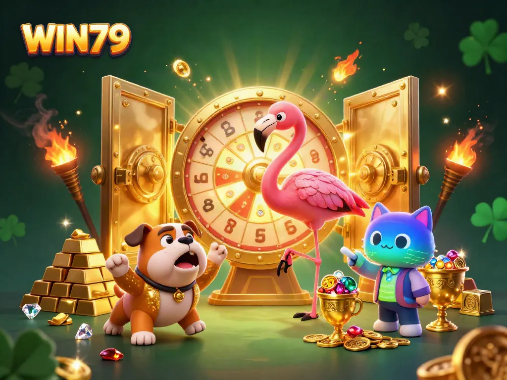 Experience the excitement of WIN79 with vibrant casino elements including a prize wheel and treasures.