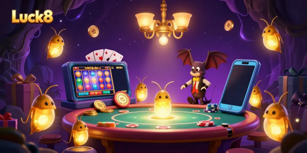 Experience the lively glowworm-lit scene at Luck8's cave casino with vibrant slot games and a bat dealer.