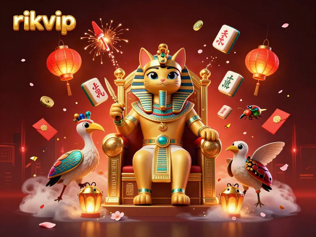 Experience the excitement of rikvip with a vibrant 3D scene featuring Egyptian-themed casino elements.