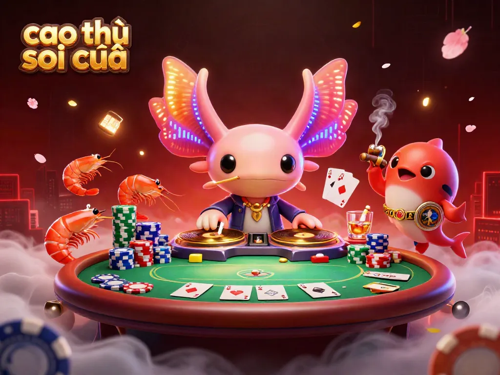 Experience the excitement of cao thủ soi cầu with a vibrant 3D scene featuring a DJ axolotl and poker elements.
