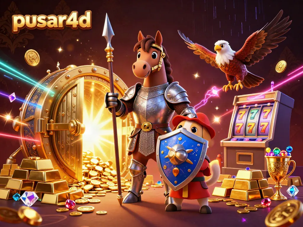 Engage in exciting gaming action with pusar4d, featuring captivating characters amidst treasures and slot reels.