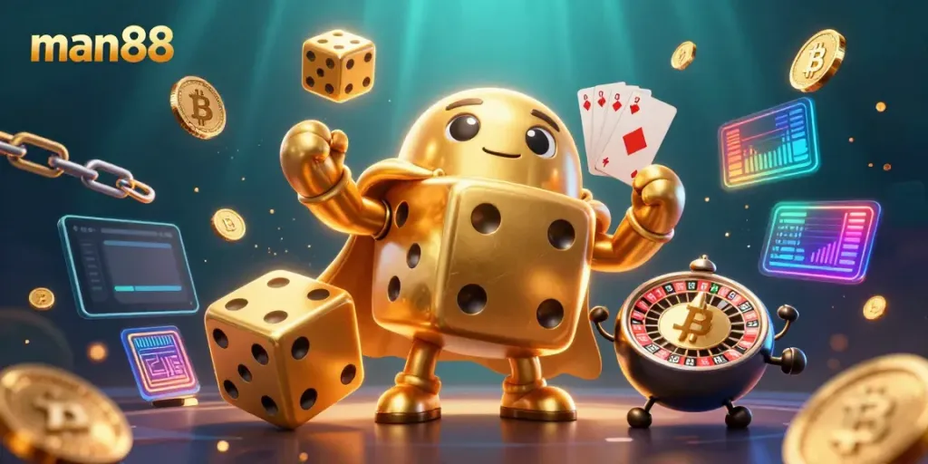 Experience thrilling gameplay with man88's golden dice golem and Bitcoin elements!
