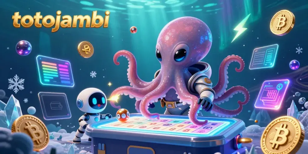 Engage with totojambi's thrilling lottery experience featuring a colorful alien octopus at a glowing lottery table.