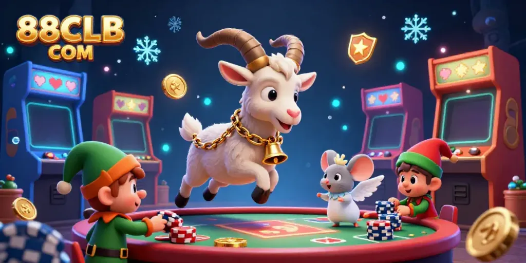Experience the festive chaos of 88CLB COM with Krampus and mischievous gremlins in a vibrant casino scene.