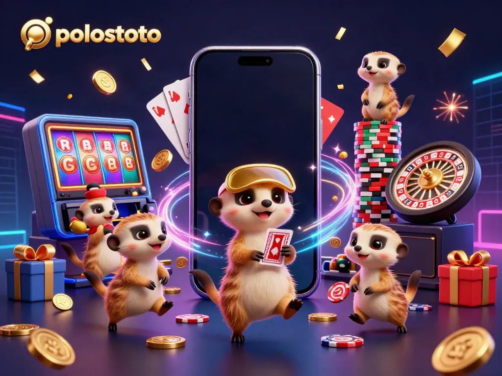 Experience the dynamic 3D world of polostoto with meerkats running a vibrant casino operation amidst a flurry of casino elements.