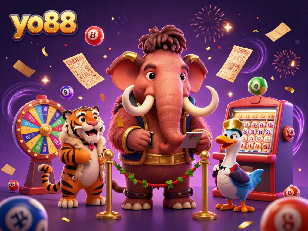 Experience the excitement at yo88 with a vibrant 3D illustration featuring casino characters and dynamic game elements.