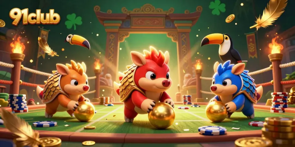 Rival pangolins in a dynamic casino-themed scene play their colorful game on the 91club platform.