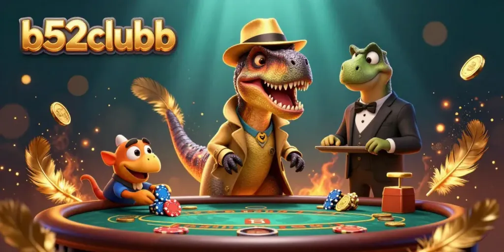 Engage in the dynamic action at b52clubb with a velociraptor card counter and stegosaurus pit boss in a lively casino scene.