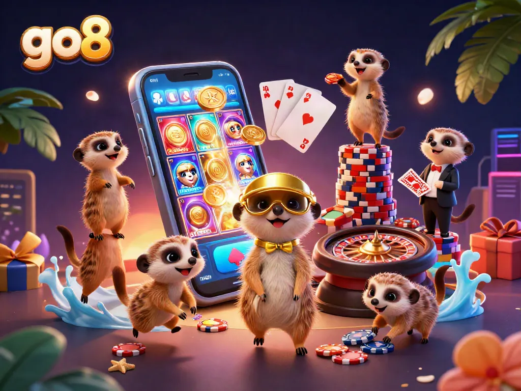 Engage with go8's vibrant casino scene featuring meerkats amidst colorful slot games and festive decorations.