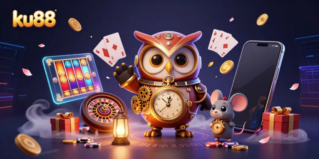 Spin slots and win with ku88's vibrant casino illustration featuring a time-traveling owl.