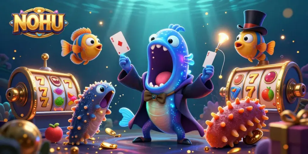 NOHU highlights a magician eel and anglerfish in an energetic casino-themed scene, showcasing vibrant slot game elements.